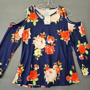 Rustic Swan Blue Navy Preppy Floral Cold Shoulder V-Neck NEW $20 Womens Size L
